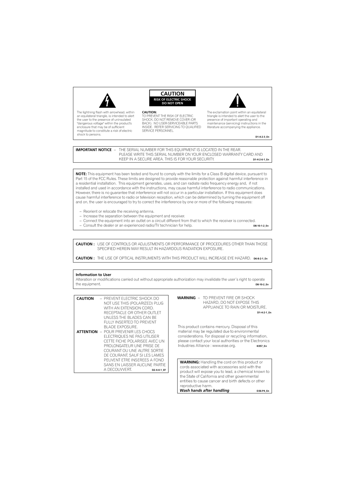 Pioneer DV-271, DV-270, DV-275 operating instructions Wash hands after handling 