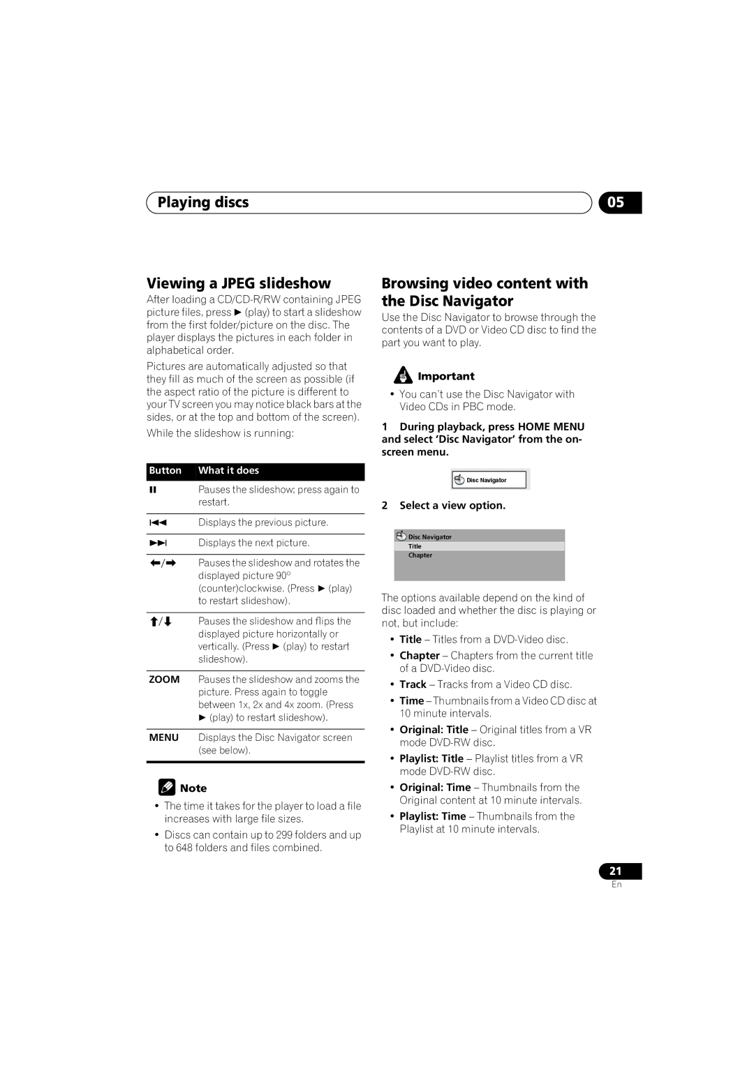 Pioneer DV-270, DV-275, DV-271 Playing discs Viewing a Jpeg slideshow, Browsing video content with the Disc Navigator 