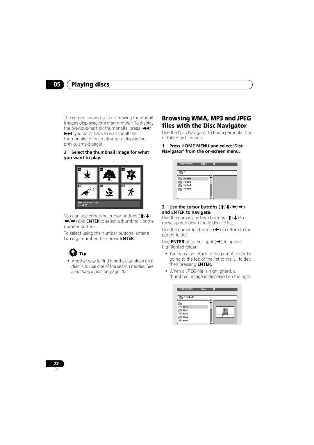 Pioneer DV-275, DV-270 Select the thumbnail image for what you want to play, Tip, Use the cursor buttons Enter to navigate 