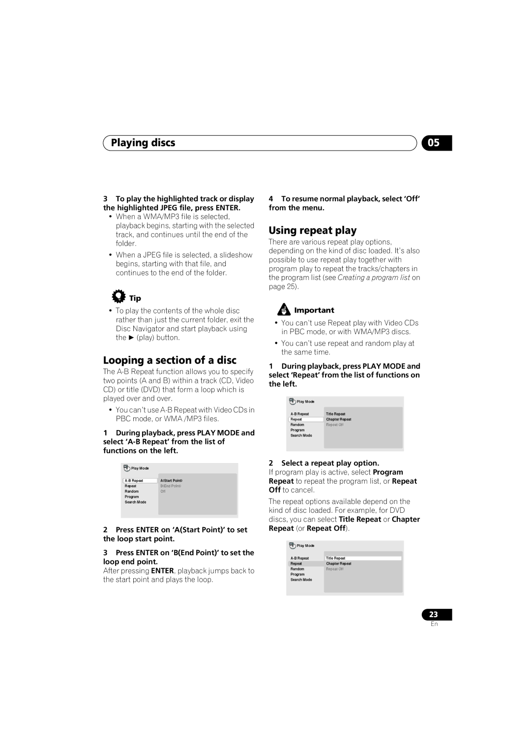 Pioneer DV-271 Looping a section of a disc, Using repeat play, To resume normal playback, select ‘Off’ from the menu 