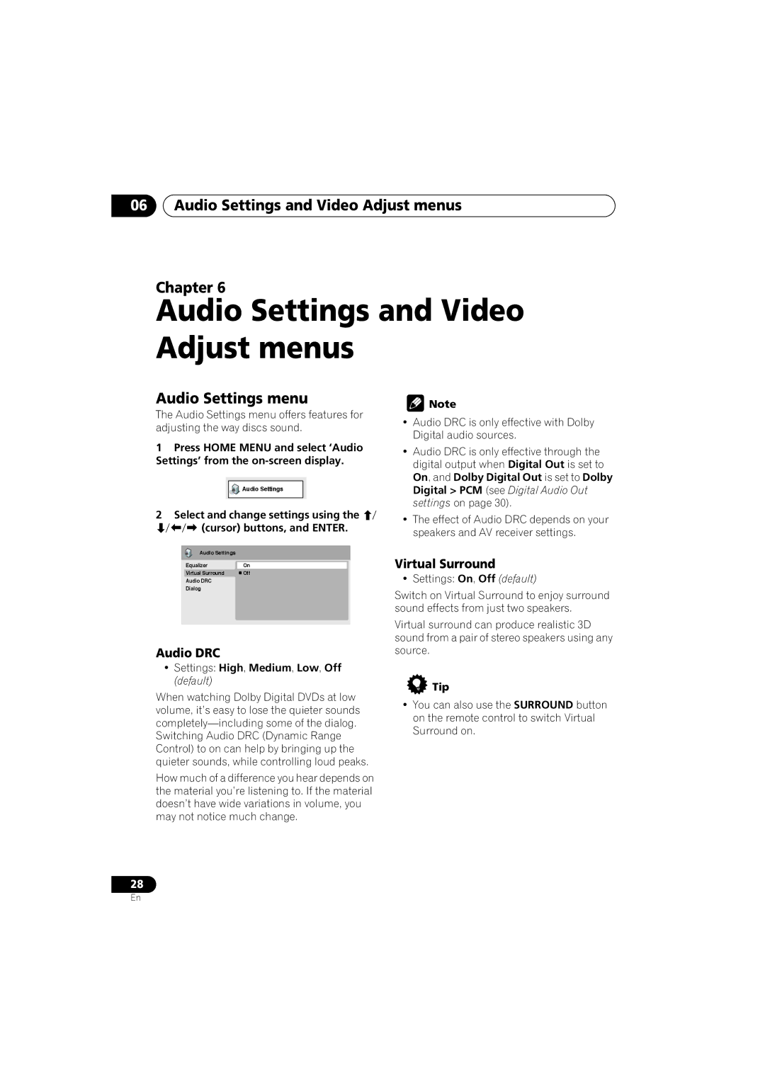 Pioneer DV-275, DV-270 Audio Settings and Video Adjust menus Chapter, Audio Settings menu, Audio DRC, Virtual Surround 