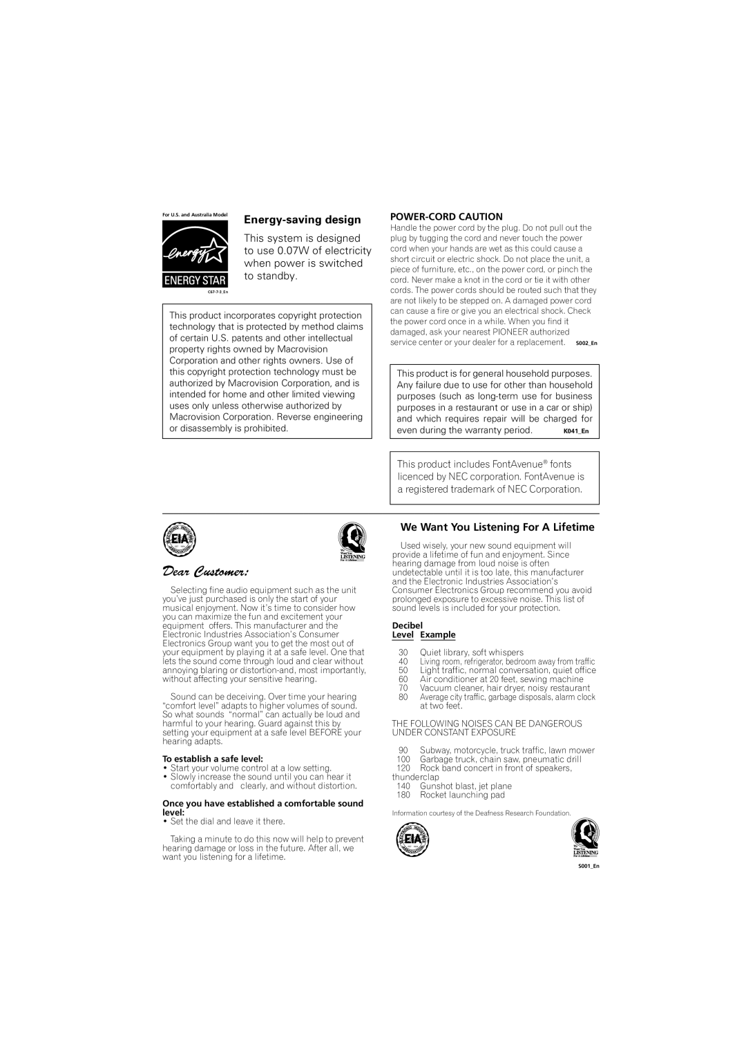 Pioneer DV-275, DV-270, DV-271 operating instructions Energy-saving design, POWER-CORD Caution 