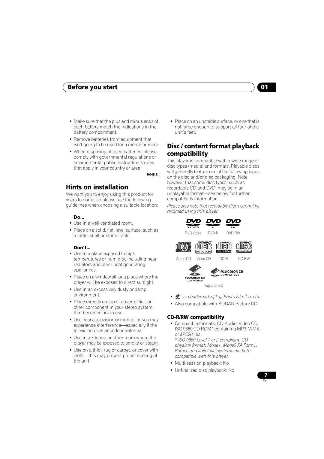 Pioneer DV-275, DV-270, DV-271 Before you start, Hints on installation, Disc / content format playback compatibility 