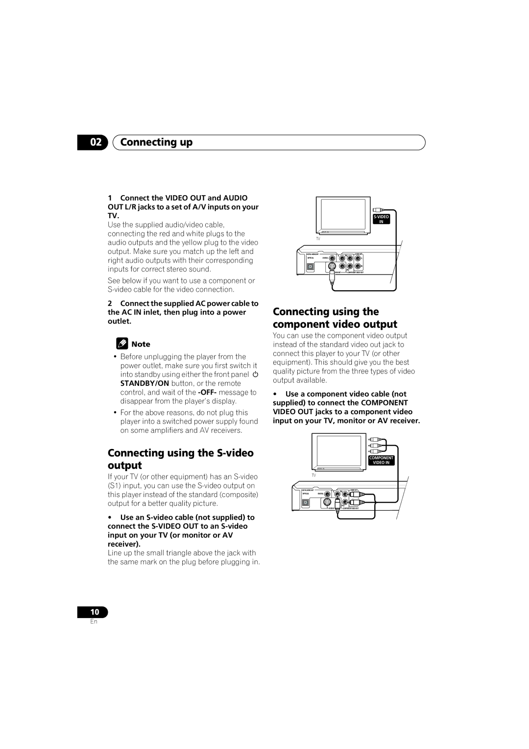 Pioneer DV-373-K, DV-270-S Connecting up, Connecting using the S-video output, Connecting using the component video output 