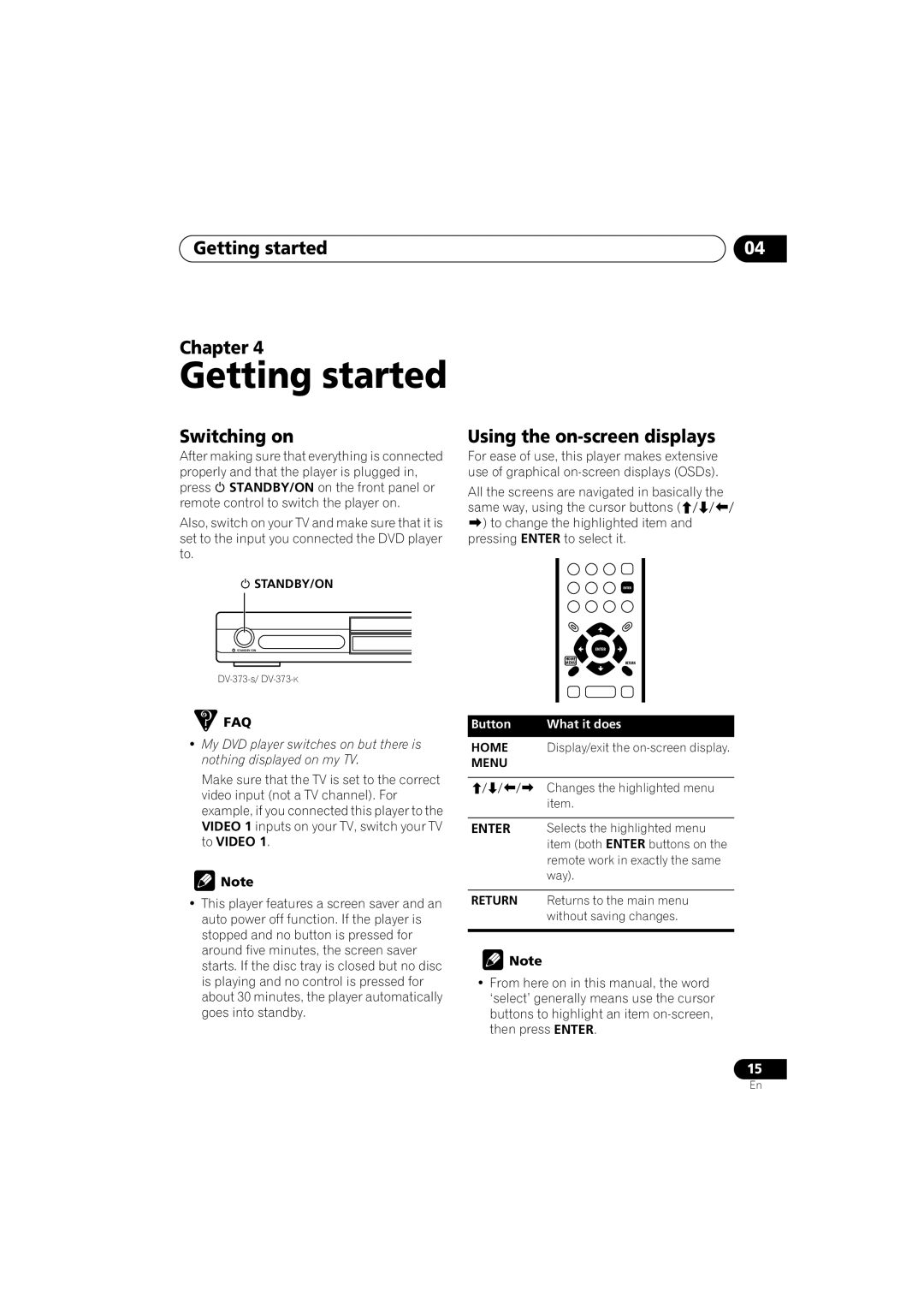 Pioneer DV-270-S, DV-373-K, DV-373-S Getting started Chapter, Switching on, Using the on-screen displays 