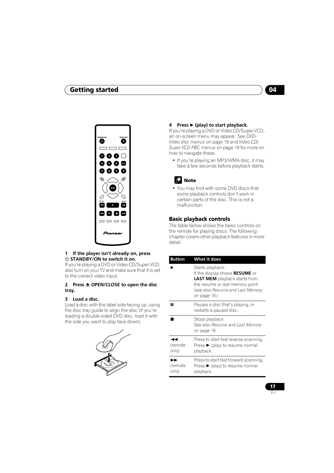 Pioneer DV-373-S, DV-270-S Getting started, Basic playback controls, Press OPEN/CLOSE to open the disc tray Load a disc 