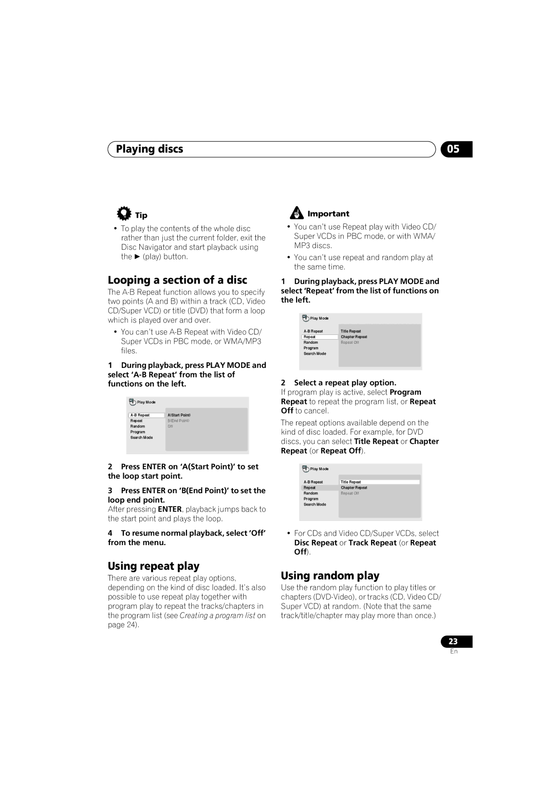 Pioneer DV-373-S, DV-270-S Looping a section of a disc, Using repeat play, Using random play, Select a repeat play option 