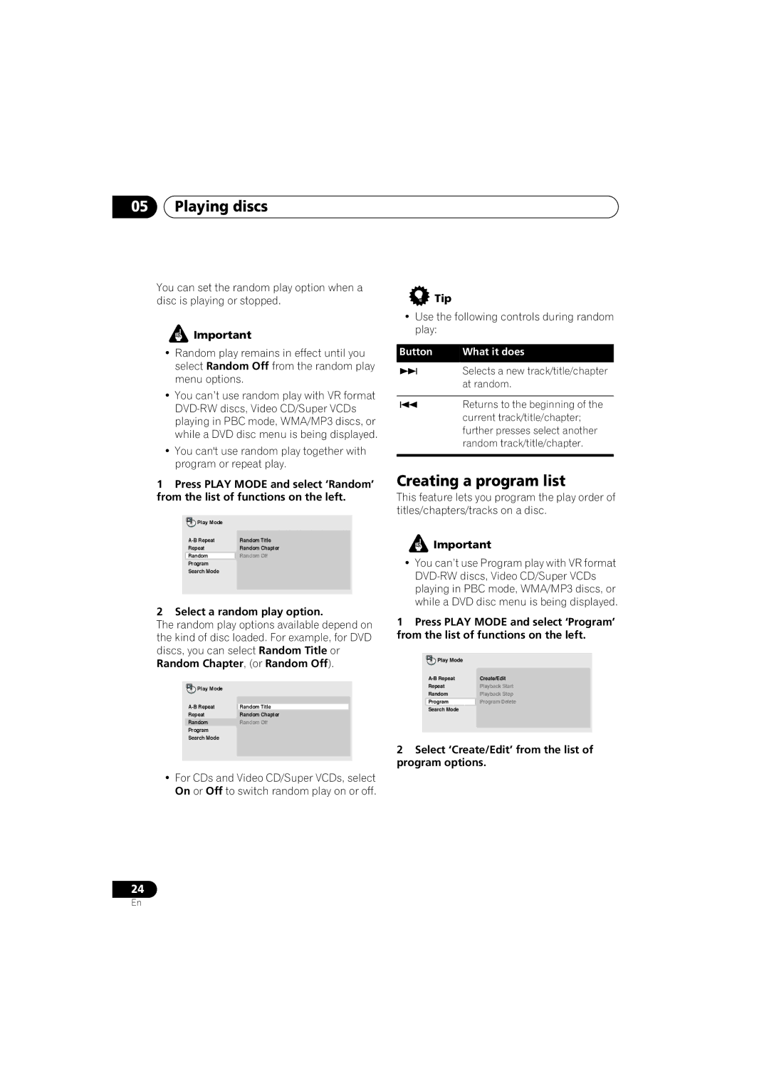 Pioneer DV-270-S, DV-373-K, DV-373-S operating instructions Creating a program list, Select a random play option 