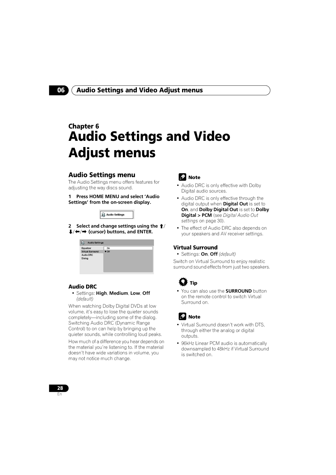 Pioneer DV-373-K Audio Settings and Video Adjust menus Chapter, Audio Settings menu, Audio DRC, Virtual Surround 