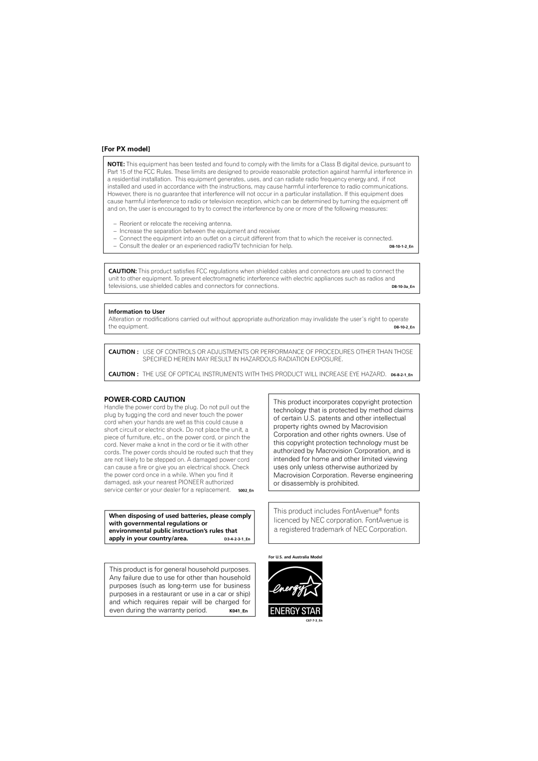 Pioneer DV-270-S, DV-373-K, DV-373-S operating instructions POWER-CORD Caution, For PX model 