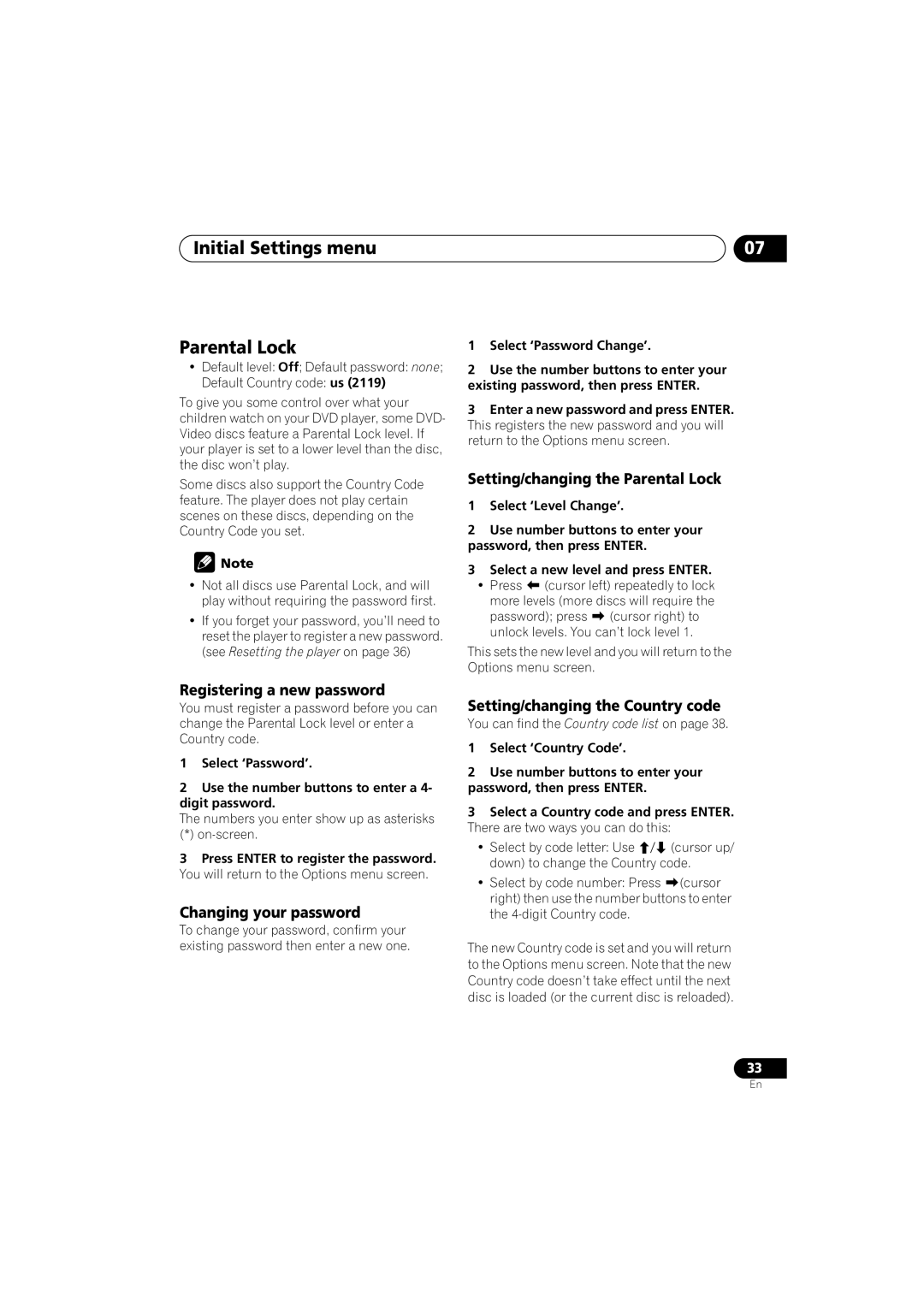Pioneer DV-270-S, DV-373-K Initial Settings menu Parental Lock, Registering a new password, Changing your password 