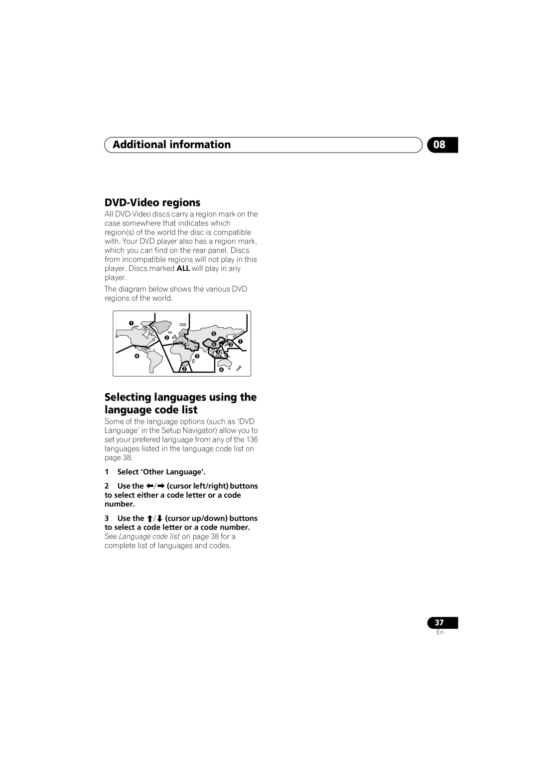 Pioneer DV-373-K, DV-270-S Additional information DVD-Video regions, Selecting languages using the language code list 