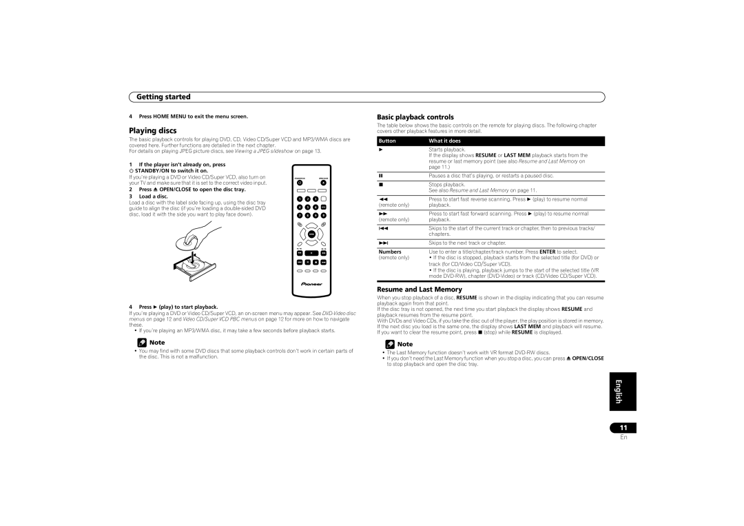 Pioneer DV-470, DV-2750 operating instructions Playing discs, Basic playback controls, Resume and Last Memory 