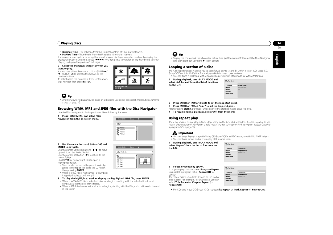 Pioneer DV-2750 Looping a section of a disc, Browsing WMA, MP3 and Jpeg files with the Disc Navigator, Using repeat play 