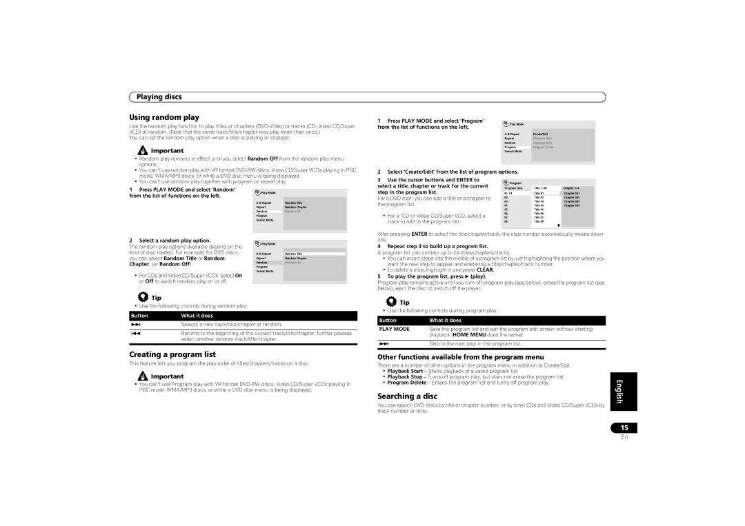 Pioneer DV-470, DV-2750 operating instructions Using random play, Creating a program list, Searching a disc, Play Mode 