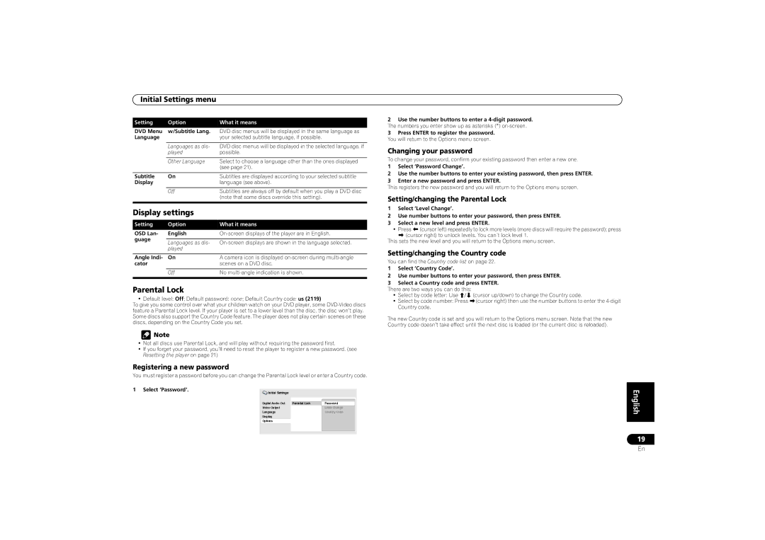 Pioneer DV-470, DV-2750 operating instructions Display settings, Parental Lock 