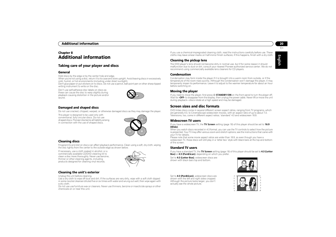 Pioneer DV-2750, DV-470 Additional information, Taking care of your player and discs, Screen sizes and disc formats 