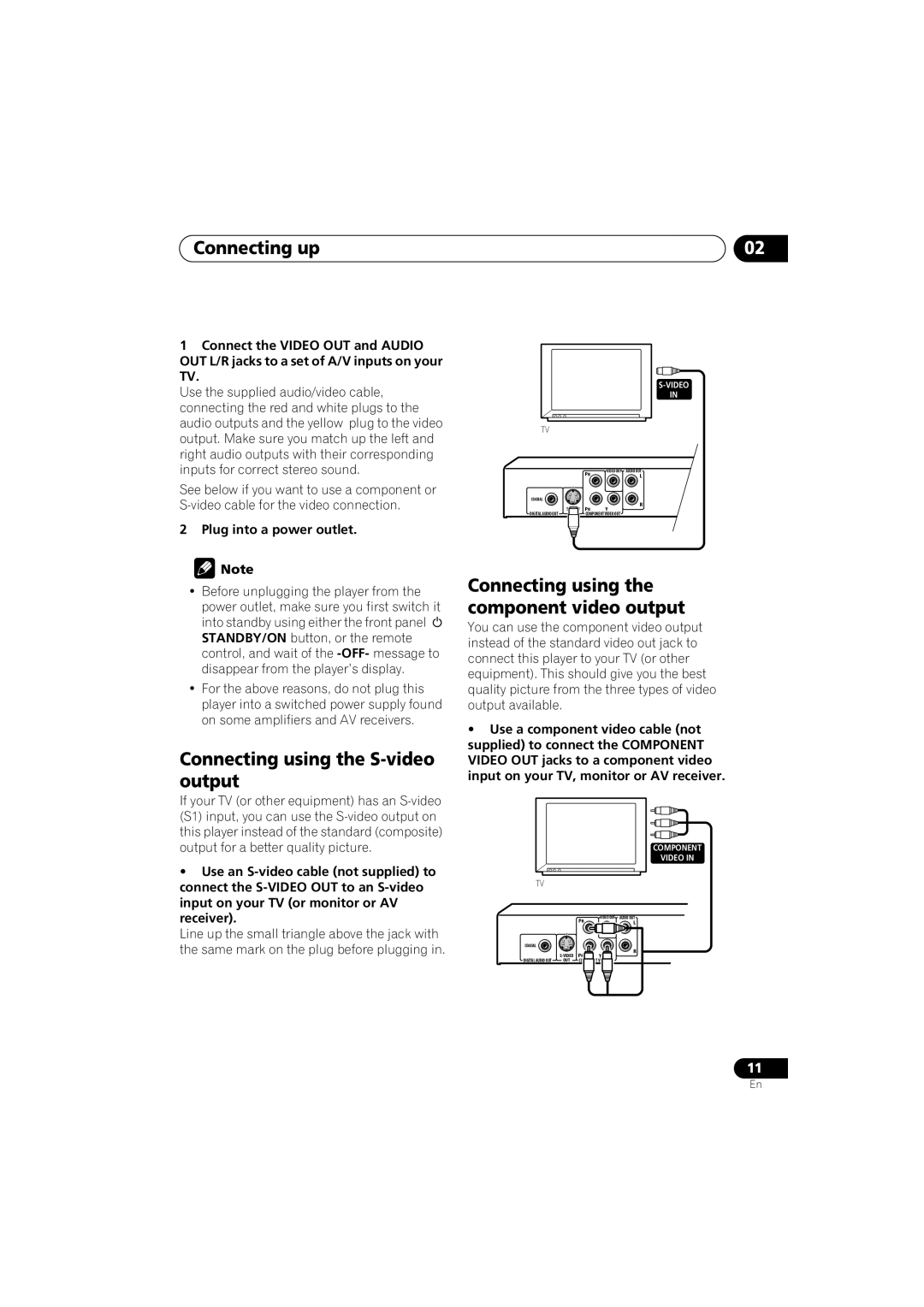 Pioneer 285-S, DV-280-S Connecting up, Connecting using the S-video output, Connecting using the component video output 