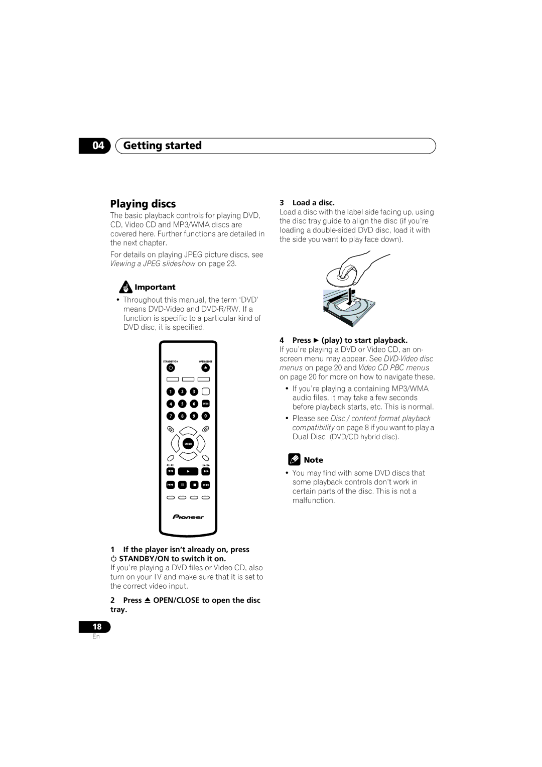 Pioneer DV-280-S, 285-S Getting started Playing discs, Press OPEN/CLOSE to open the disc tray Load a disc 