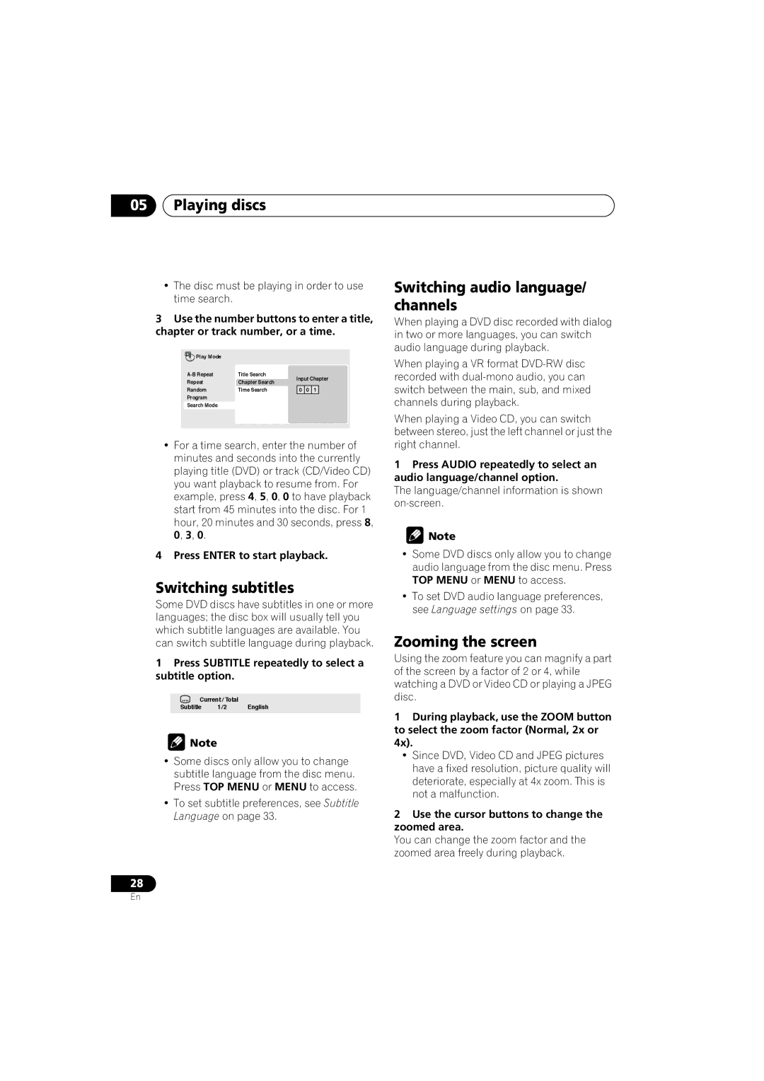 Pioneer DV-280-S, 285-S operating instructions Switching subtitles, Switching audio language/ channels, Zooming the screen 