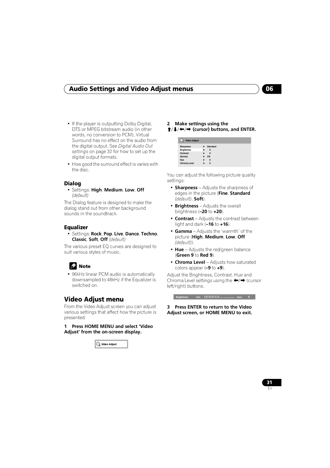 Pioneer 285-S Audio Settings and Video Adjust menus, Dialog, Equalizer, Make settings using Cursor buttons, and Enter 