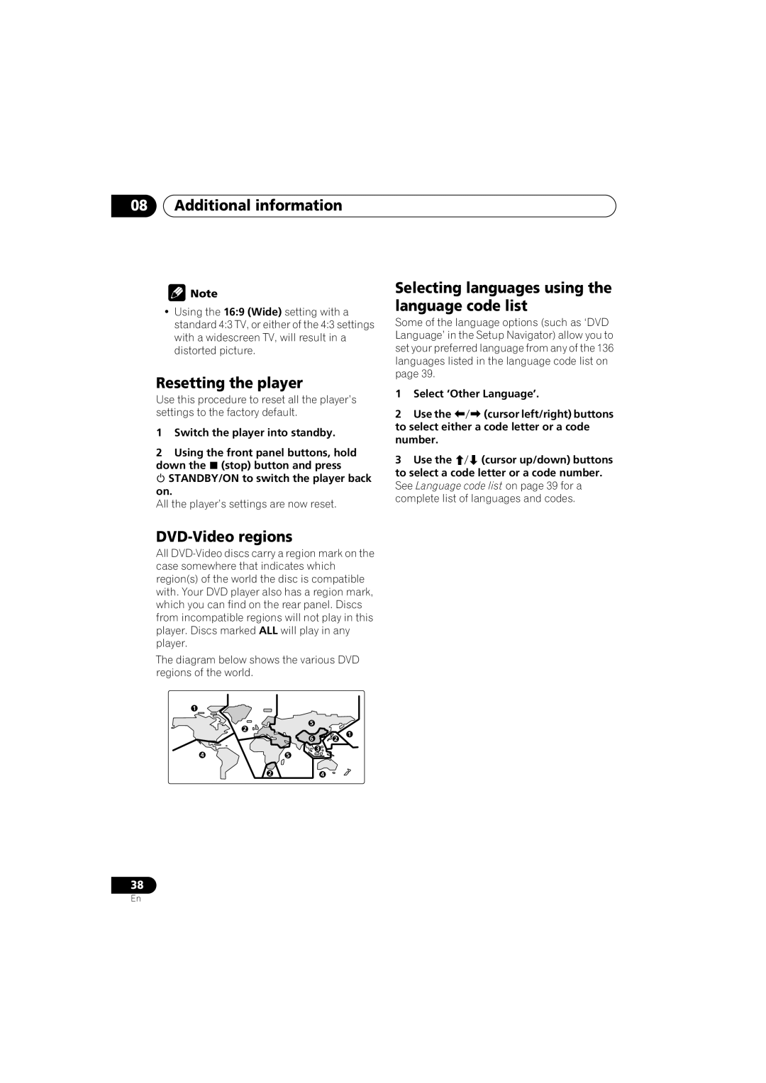 Pioneer DV-280-S, 285-S Resetting the player, DVD-Video regions, Selecting languages using the language code list 