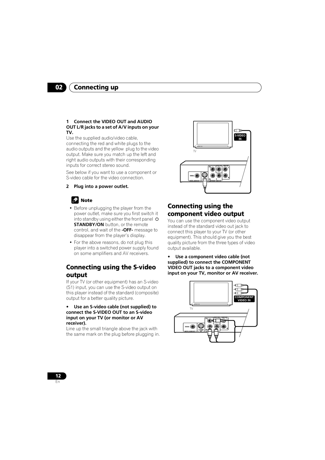 Pioneer DV-290-K Connecting up, Connecting using the S-video output, Connecting using the component video output 