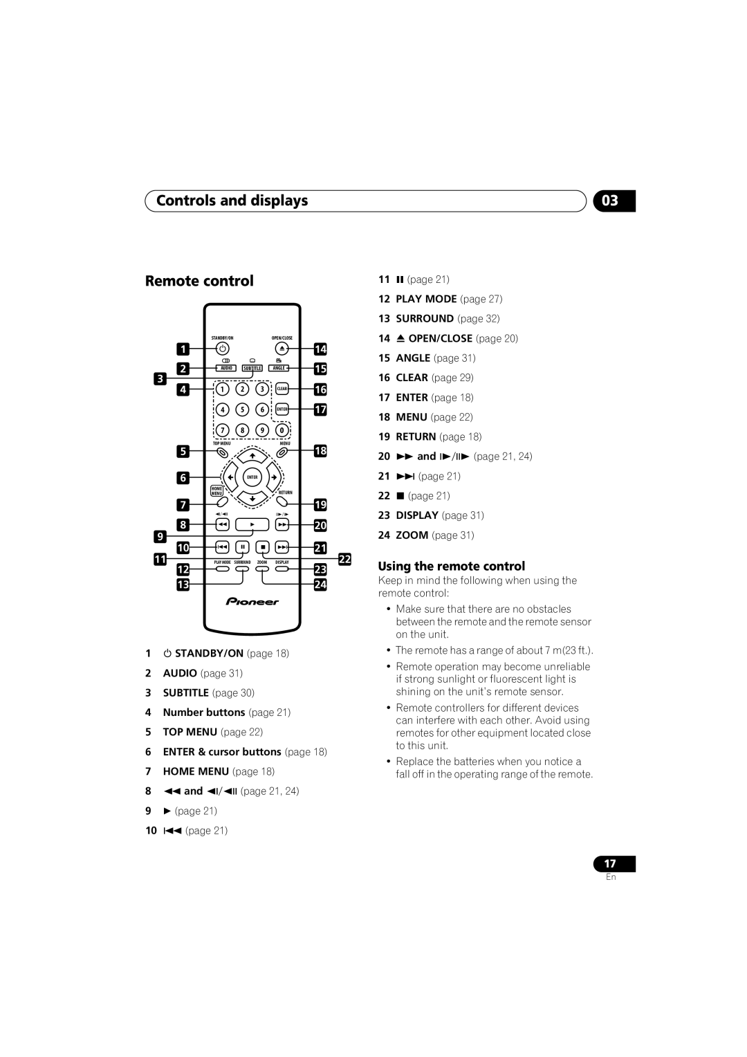 Pioneer DV-490V-K, DV-290-K operating instructions Controls and displays Remote control, Using the remote control 