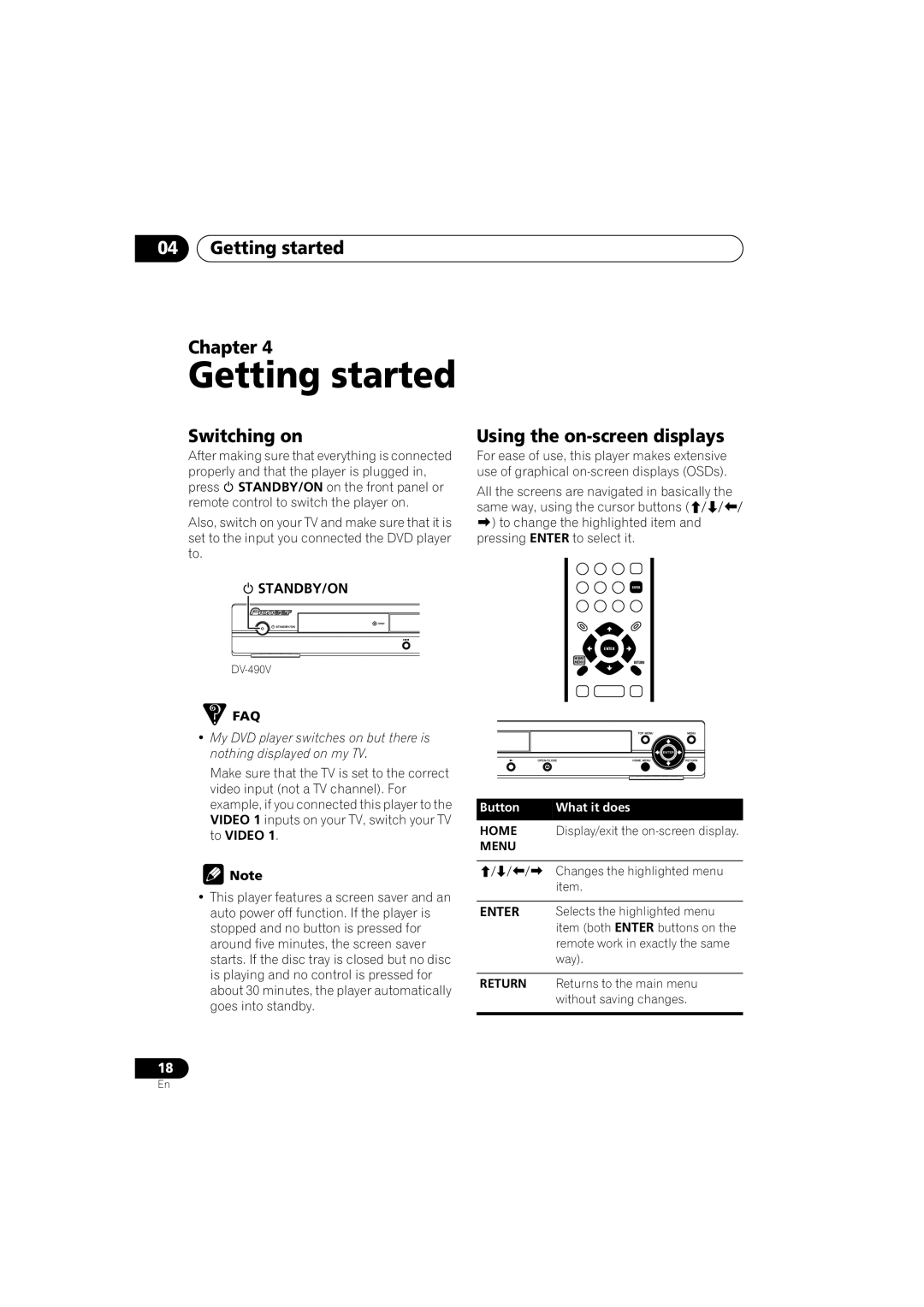 Pioneer DV-290-K, DV-490V-K operating instructions Getting started Chapter, Switching on, Using the on-screen displays 