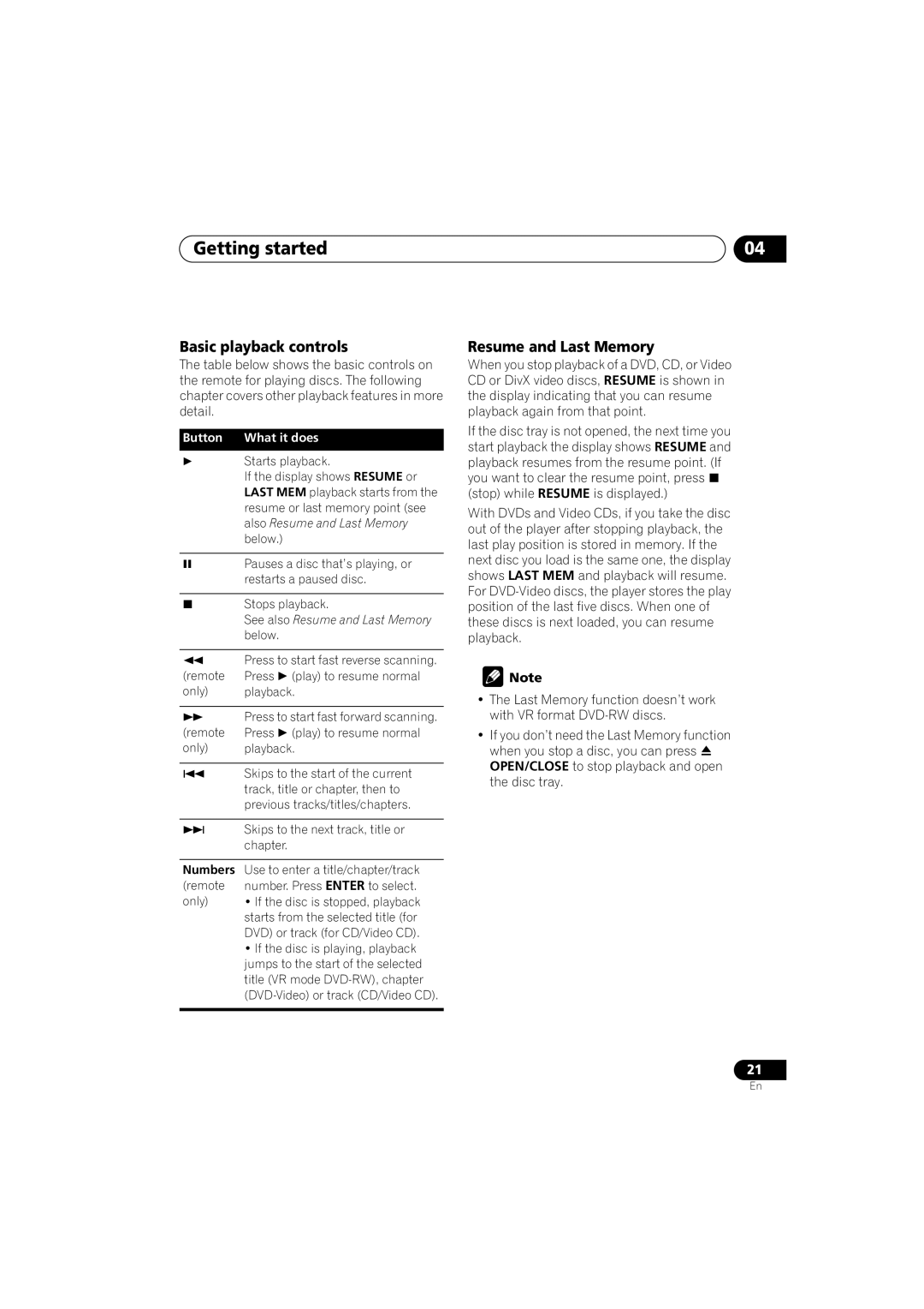 Pioneer DV-490V-K, DV-290-K operating instructions Basic playback controls, Resume and Last Memory, Numbers 