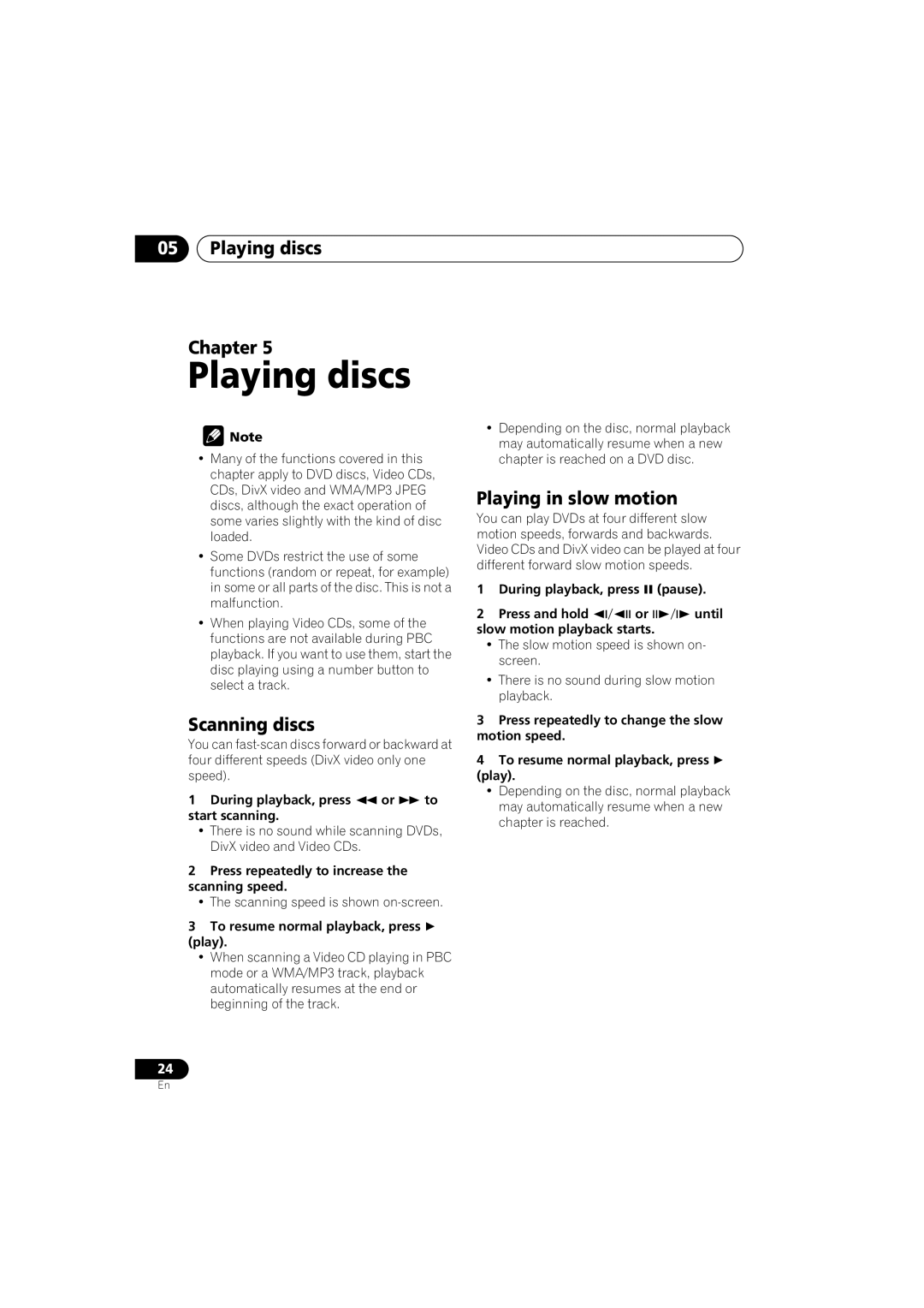 Pioneer DV-290-K, DV-490V-K operating instructions Playing discs Chapter, Scanning discs, Playing in slow motion 