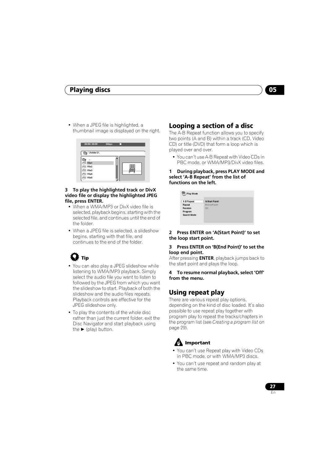 Pioneer DV-490V-K Looping a section of a disc, Using repeat play, To resume normal playback, select ‘Off’ from the menu 