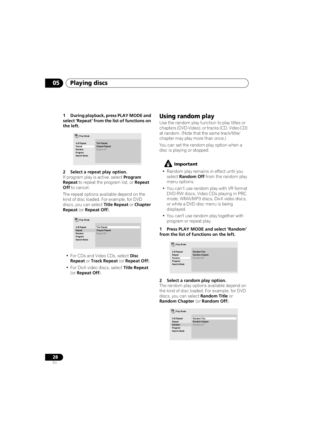 Pioneer DV-290-K, DV-490V-K Using random play, Select a repeat play option, Select a random play option 