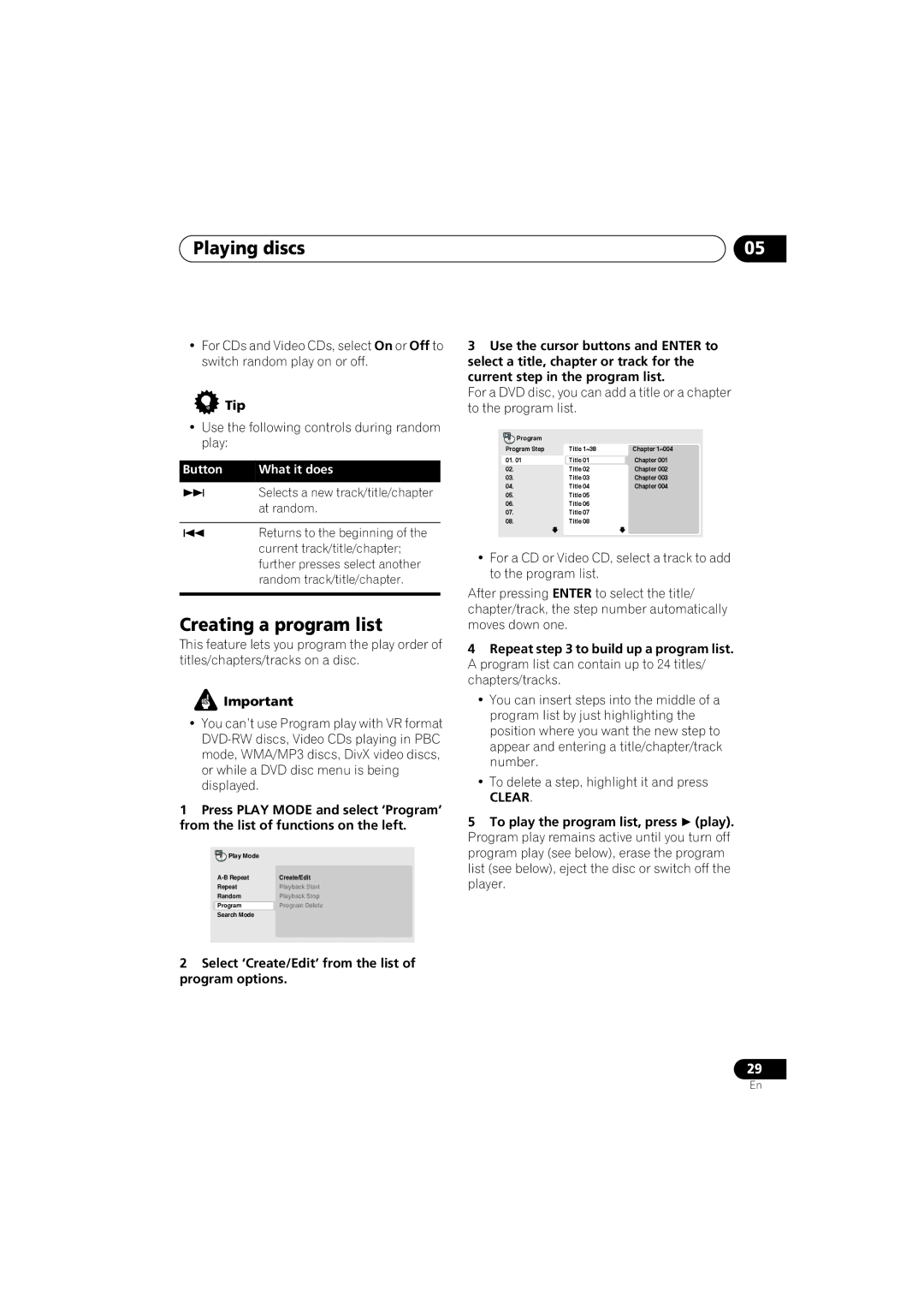 Pioneer DV-490V-K, DV-290-K operating instructions Creating a program list, Clear 