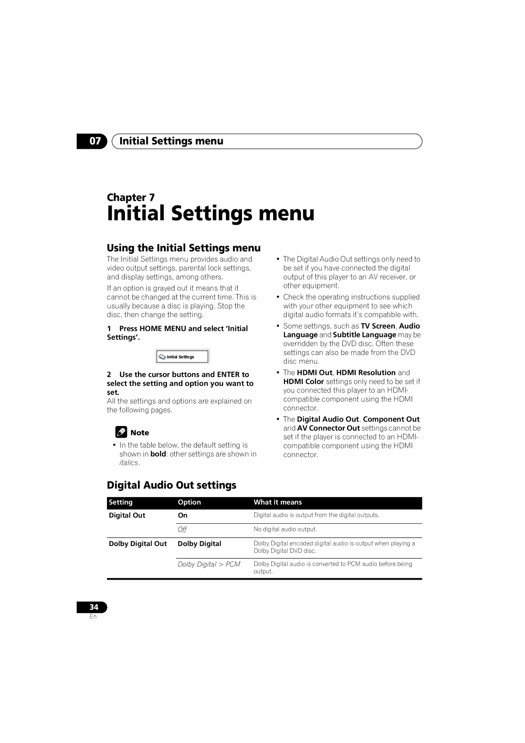 Pioneer DV-290-K, DV-490V-K Initial Settings menu Chapter, Using the Initial Settings menu, Digital Audio Out settings 