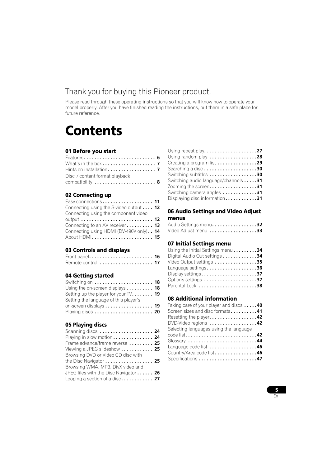 Pioneer DV-490V-K, DV-290-K operating instructions Contents 