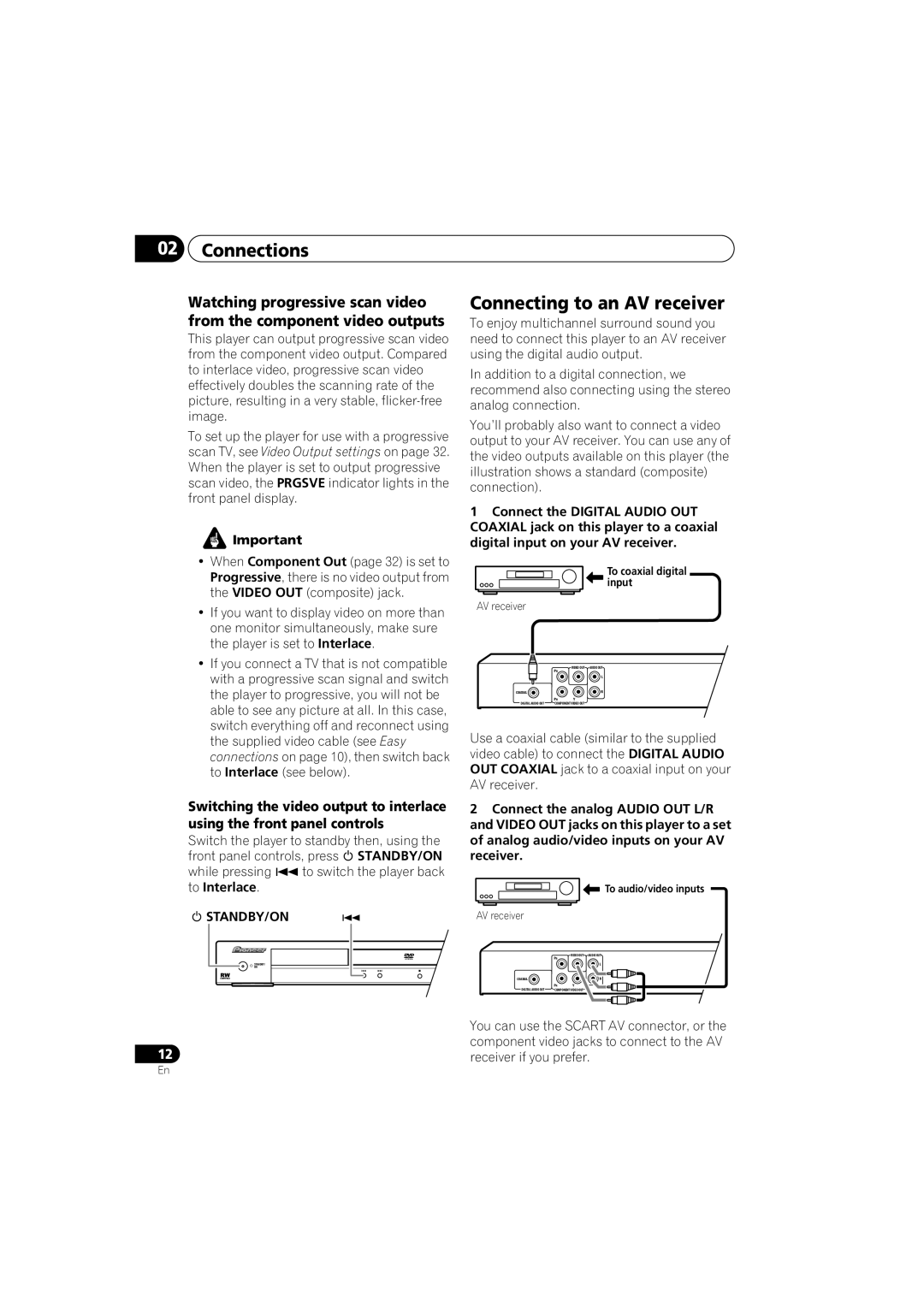 Pioneer DV-300-S, DV-300-K operating instructions Connections, Connecting to an AV receiver, Standby/On 