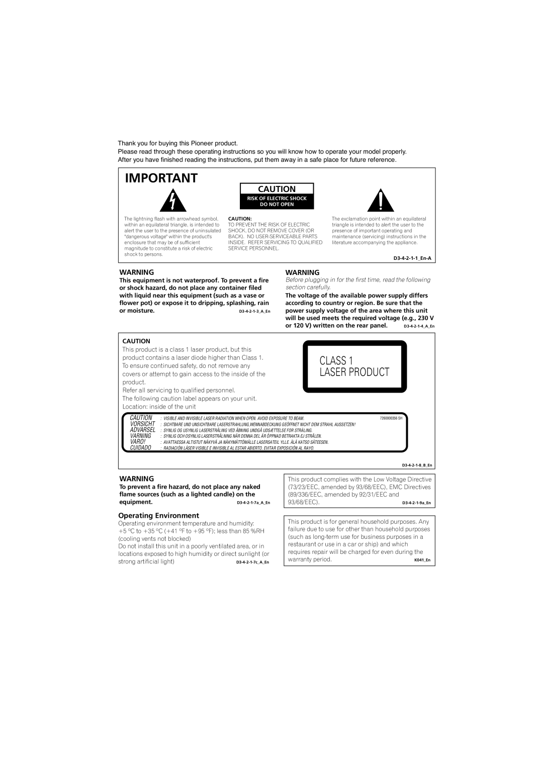 Pioneer DV-300-S, DV-300-K operating instructions Operating Environment, Risk of Electric Shock Do not Open 