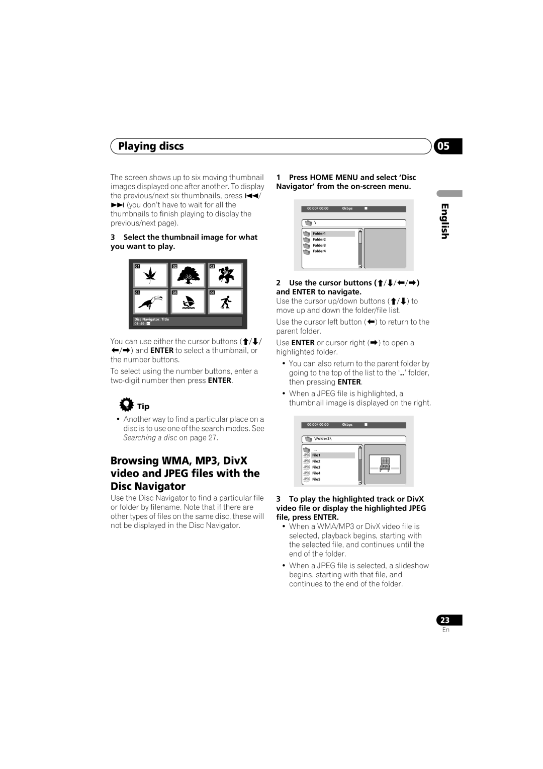 Pioneer DV-300-K Select the thumbnail image for what you want to play, Tip, Use the cursor buttons Enter to navigate 