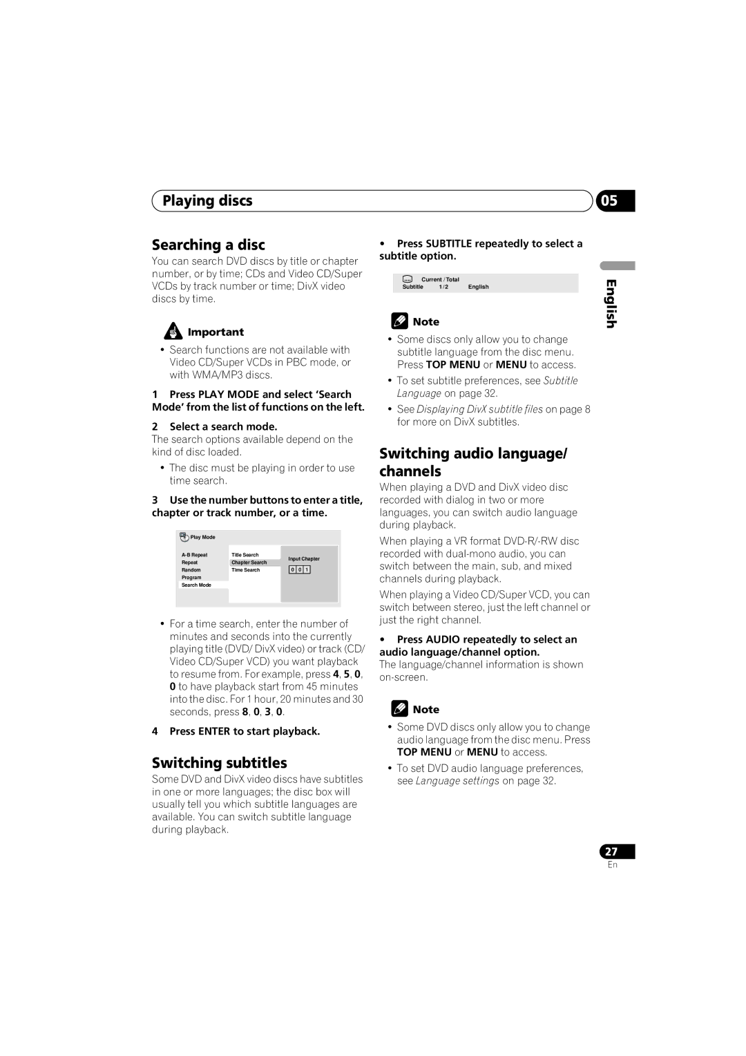 Pioneer DV-300-K, DV-300-S Playing discs Searching a disc, Switching subtitles, Switching audio language/ channels 