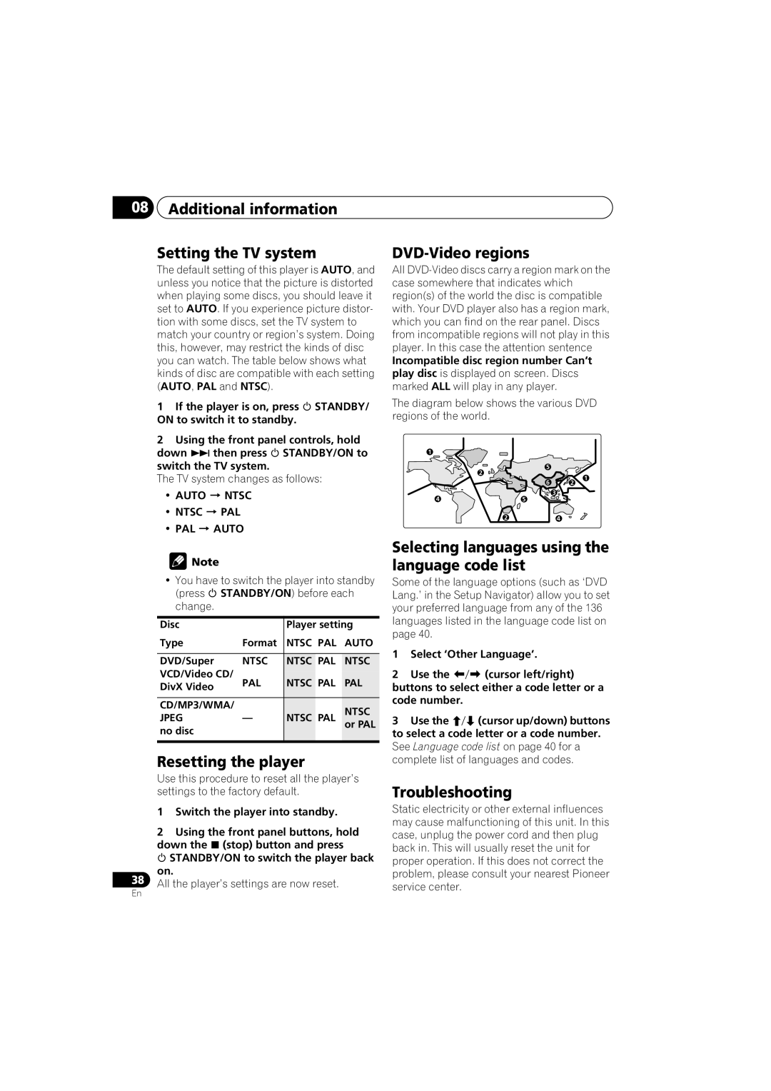 Pioneer DV-300-S Additional information Setting the TV system, Resetting the player, DVD-Video regions, Troubleshooting 