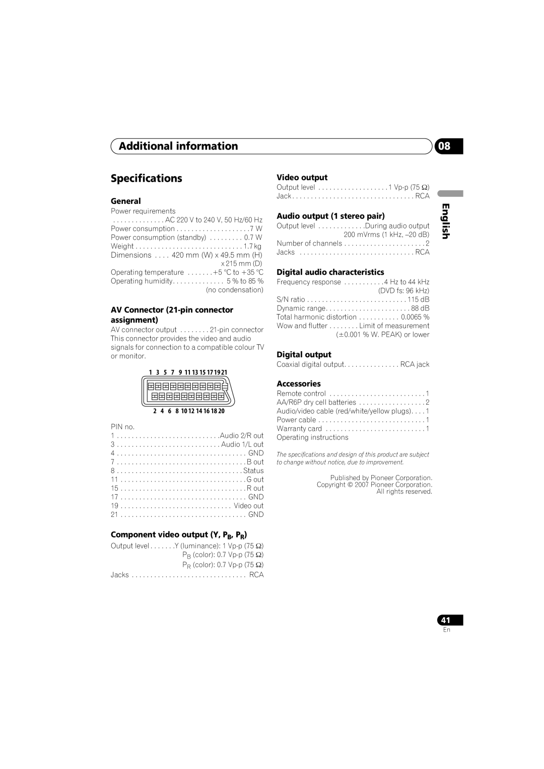 Pioneer DV-300-K, DV-300-S operating instructions Additional information Specifications, English 