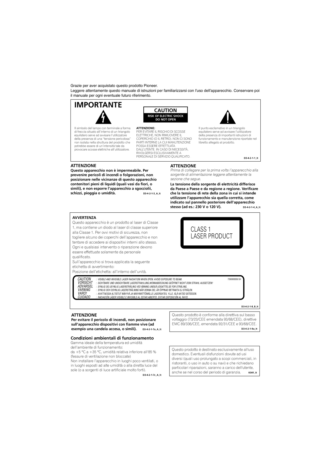 Pioneer DV-300-S, DV-300-K operating instructions Attenzione, Condizioni ambientali di funzionamento 