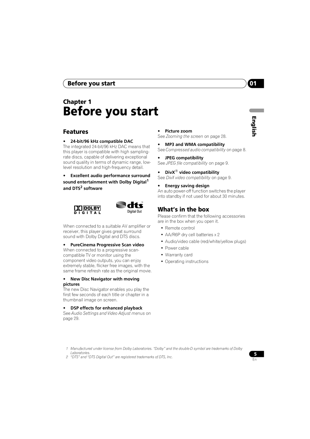 Pioneer DV-300-K, DV-300-S operating instructions Before you start Chapter, Features, What’s in the box 