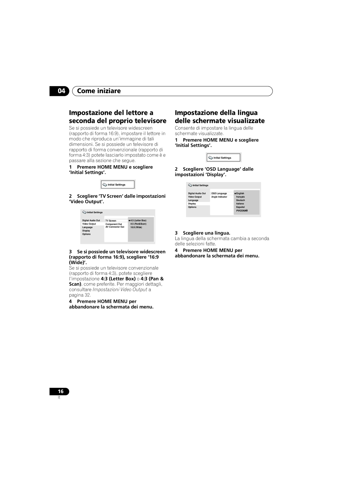 Pioneer DV-300-S, DV-300-K operating instructions Come iniziare, Impostazione della lingua delle schermate visualizzate 