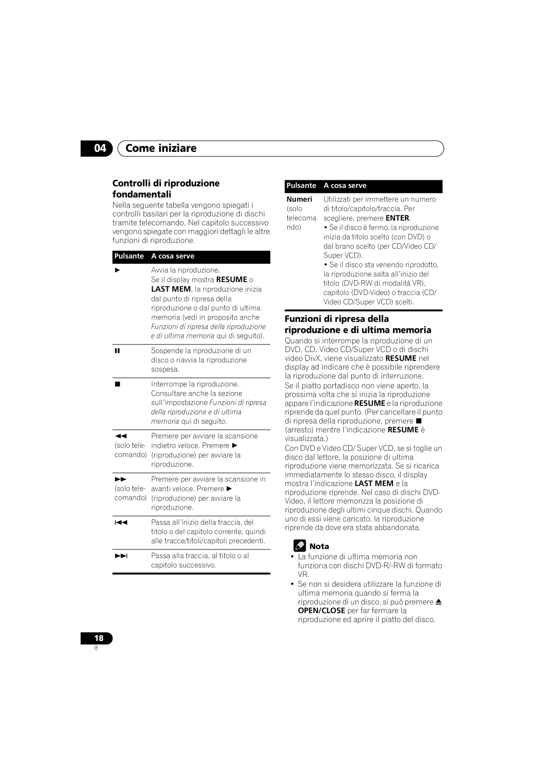 Pioneer DV-300-S Controlli di riproduzione fondamentali, Funzioni di ripresa della riproduzione e di ultima memoria 