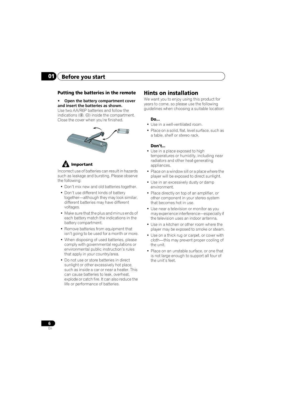 Pioneer DV-300-S, DV-300-K Before you start, Hints on installation, Putting the batteries in the remote 