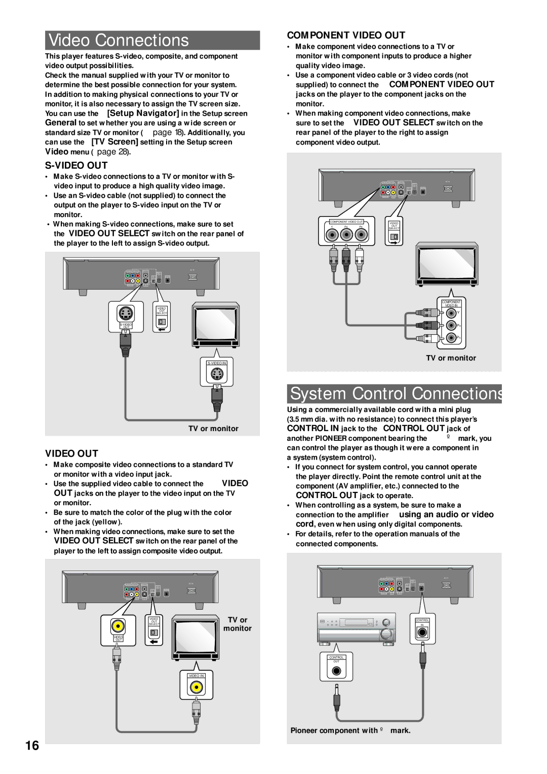 Pioneer DV-333 operating instructions Video Connections, System Control Connections, Component Video OUT 