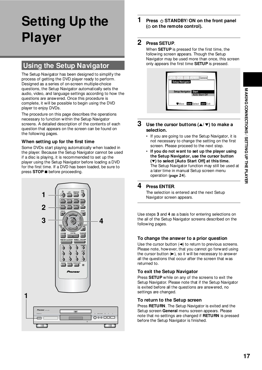 Pioneer DV-333 operating instructions Setting Up the Player, Using the Setup Navigator 