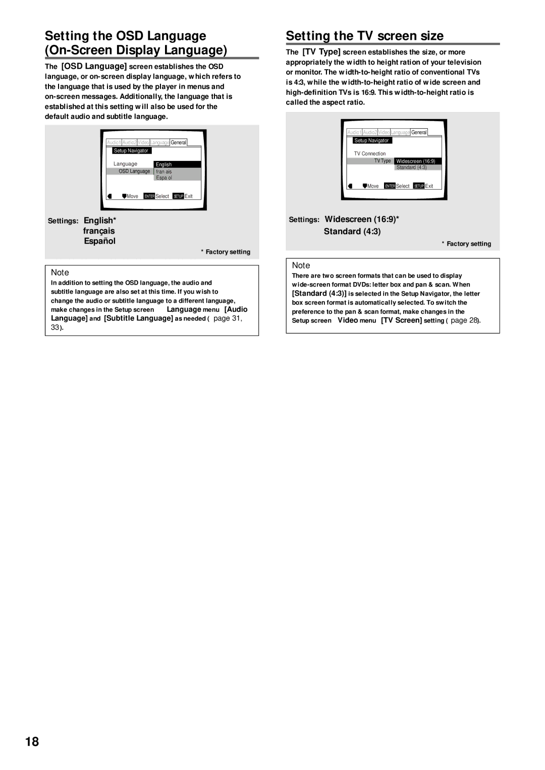 Pioneer DV-333 Setting the OSD Language On-Screen Display Language, Setting the TV screen size, Settings English 